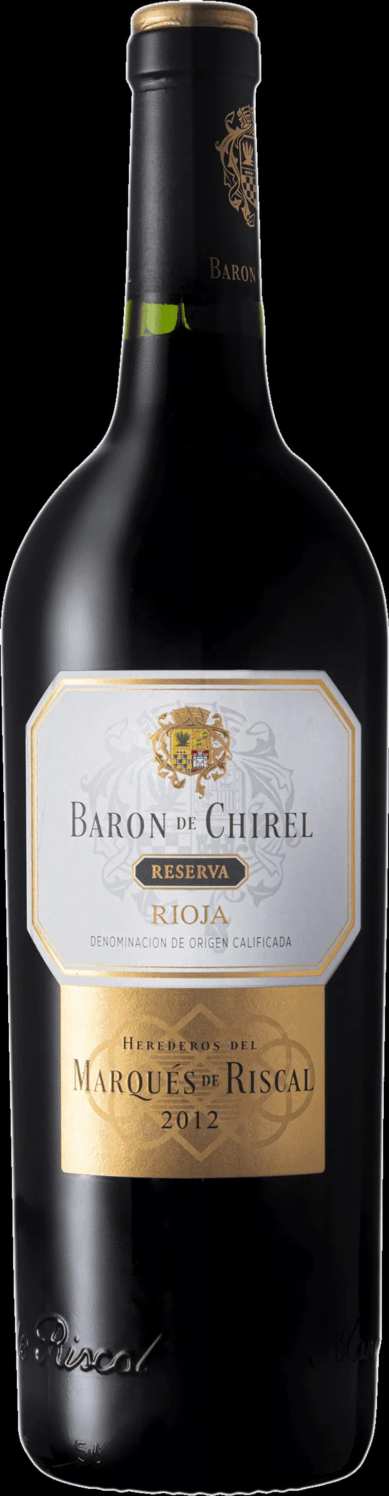 Flaska av rött vin Baron de Chirel på vit bakgrund