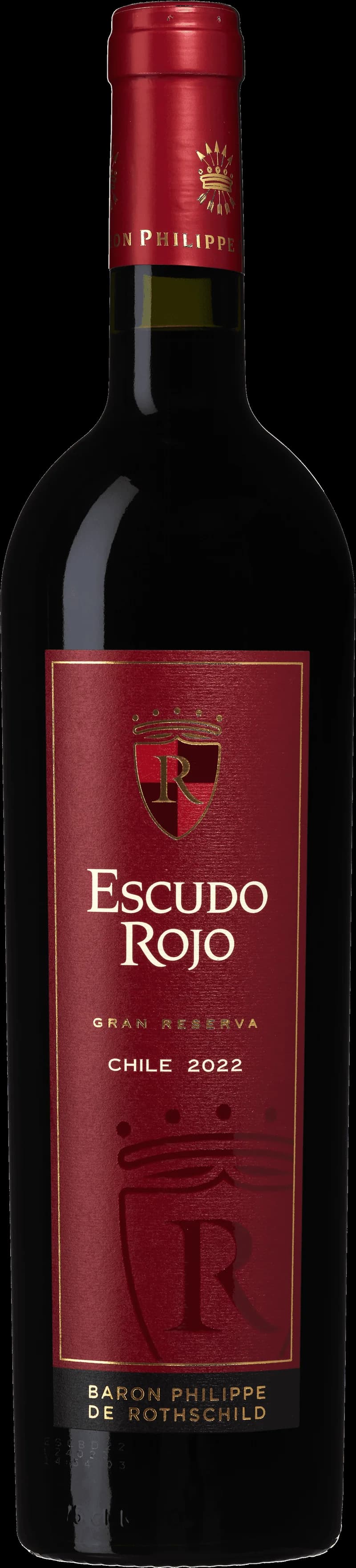 Flaska av Baron Philippe de Rothschild Chile SA rött vin mot neutral bakgrund.