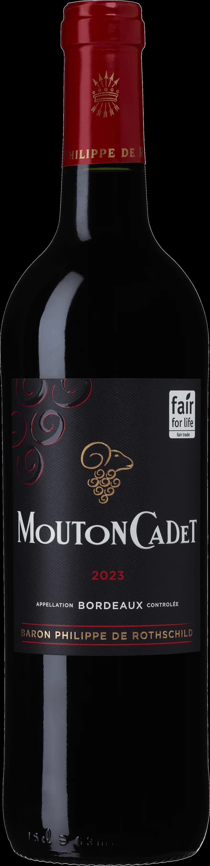 Flaska av Baron Philippe de Rothschild rött vin mot en mörk bakgrund.