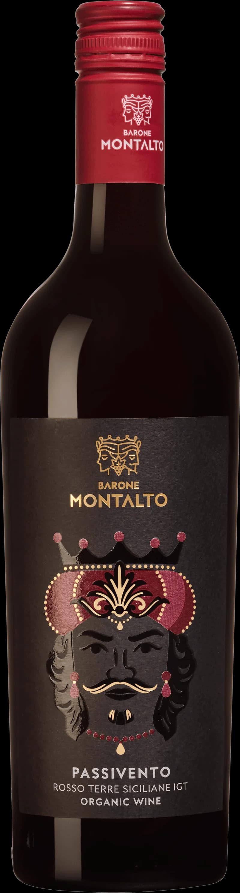 Flaska med Barone Montalto rött vin mot neutral bakgrund