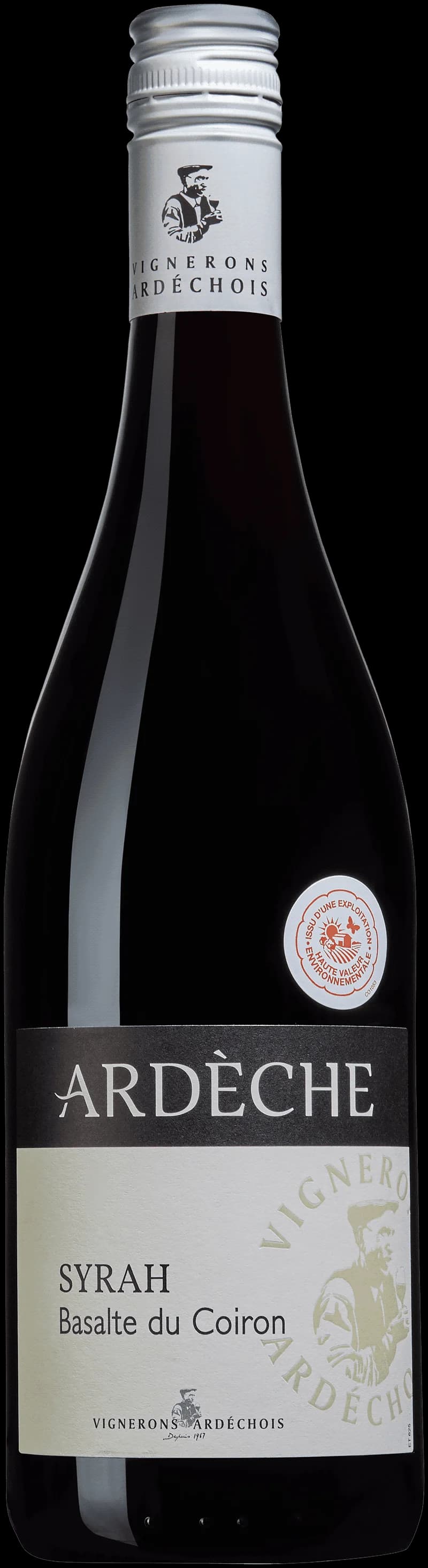 Flaska av rött vin Basalte du Coiron från Frankrike.