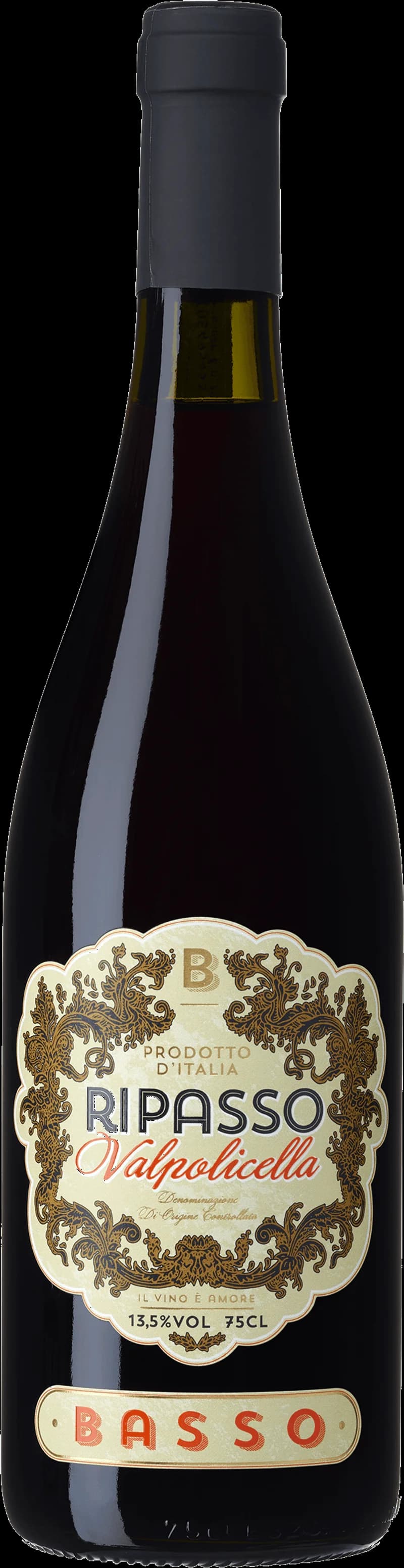 Flaska av Basso Ripasso rött vin mot en mörk bakgrund.