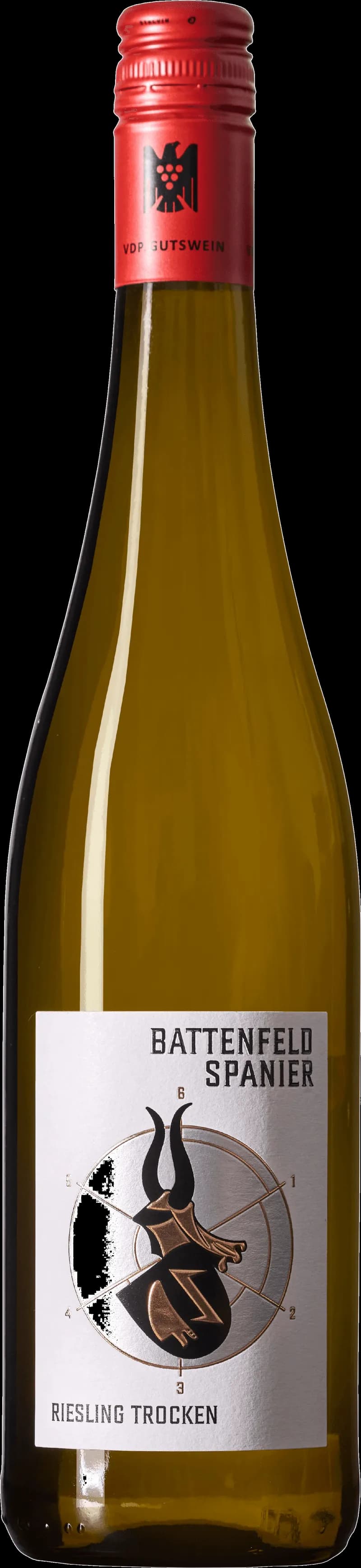 Flaska vitt vin från Battenfeld Spanier på en ljus bakgrund.