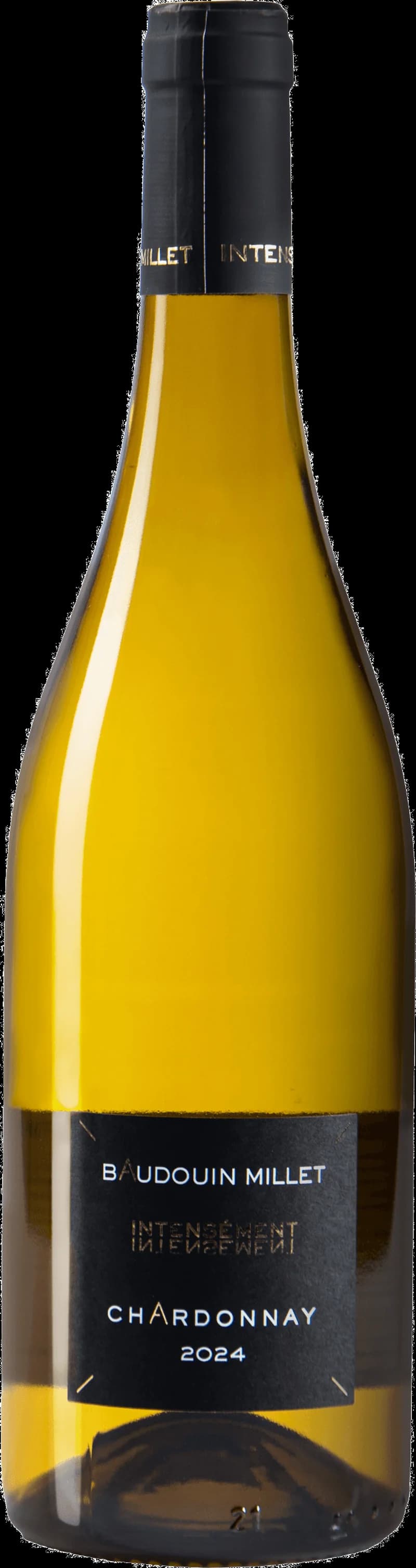 Flaska och glas med vitt vin från Baudouin Millet