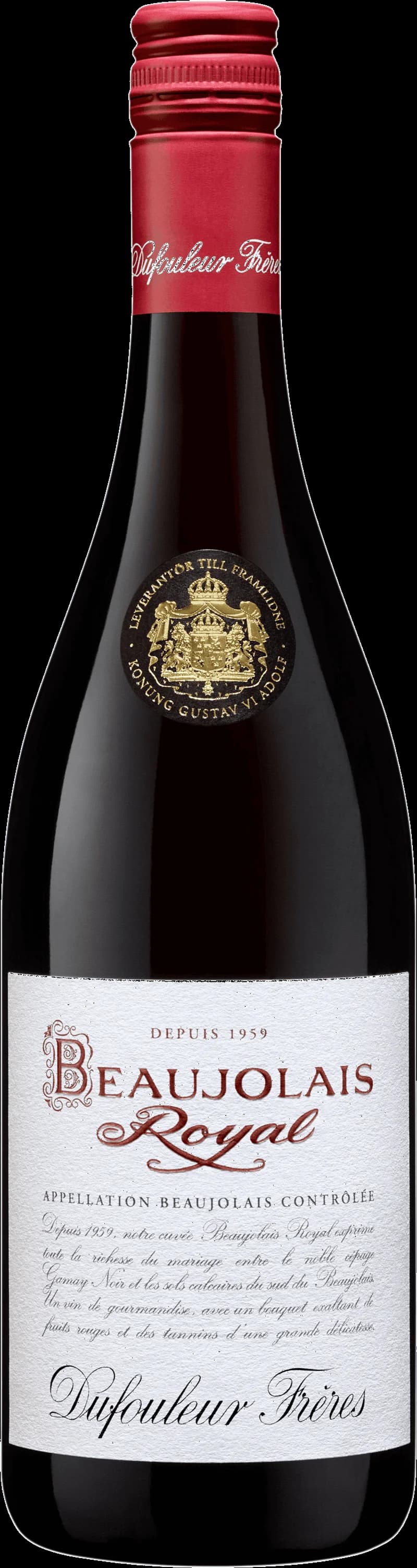 Flaska av Beaujolais Royal rött vin mot en neutral bakgrund.