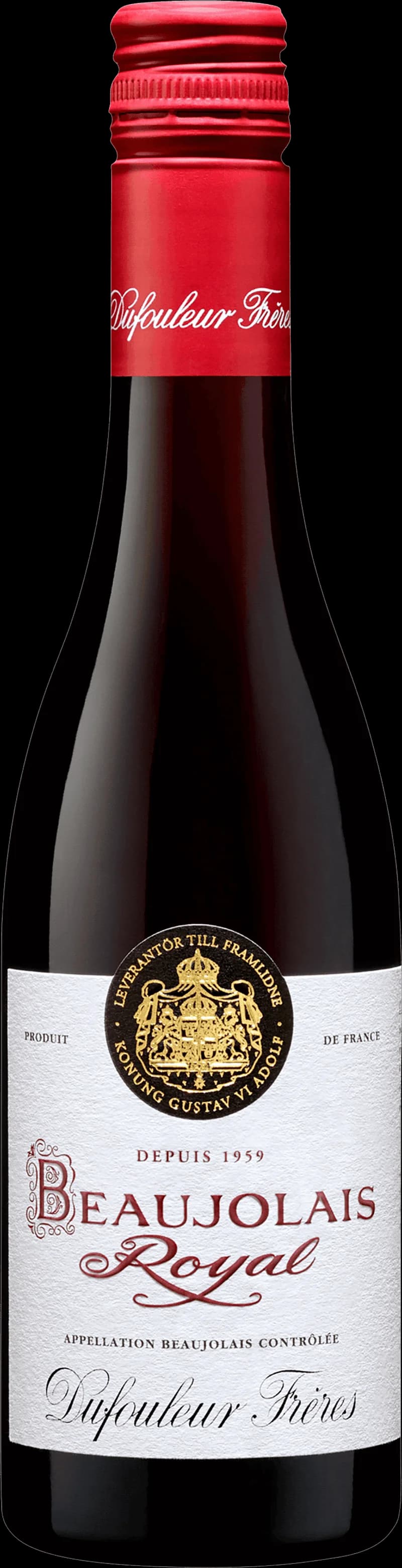 Flaska med Beaujolais Royal rött vin mot en mörk bakgrund.