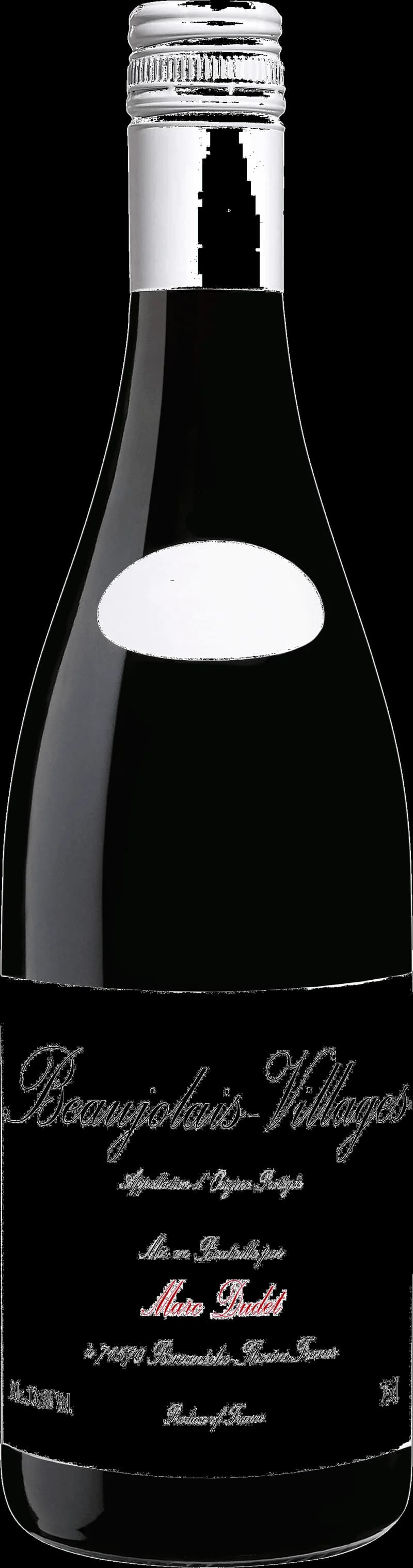 Flaska Beaujolais-Villages rött vin mot en rustik bakgrund.