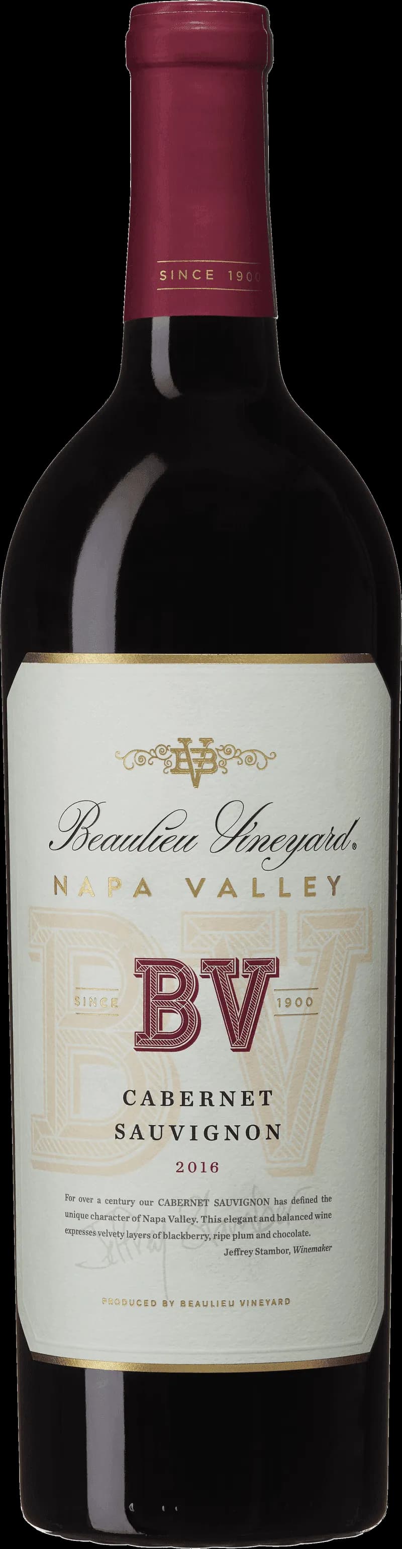 Flaska rött vin från Beaulieu Vineyard framför en vingård