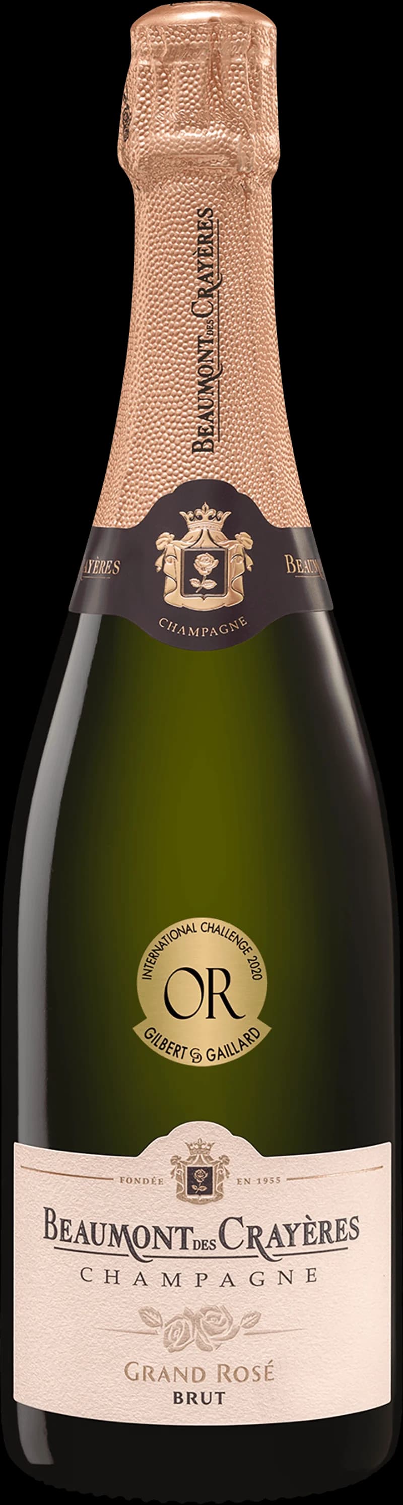 Flaska av Beaumont des Crayères mousserande vin mot ljus bakgrund.