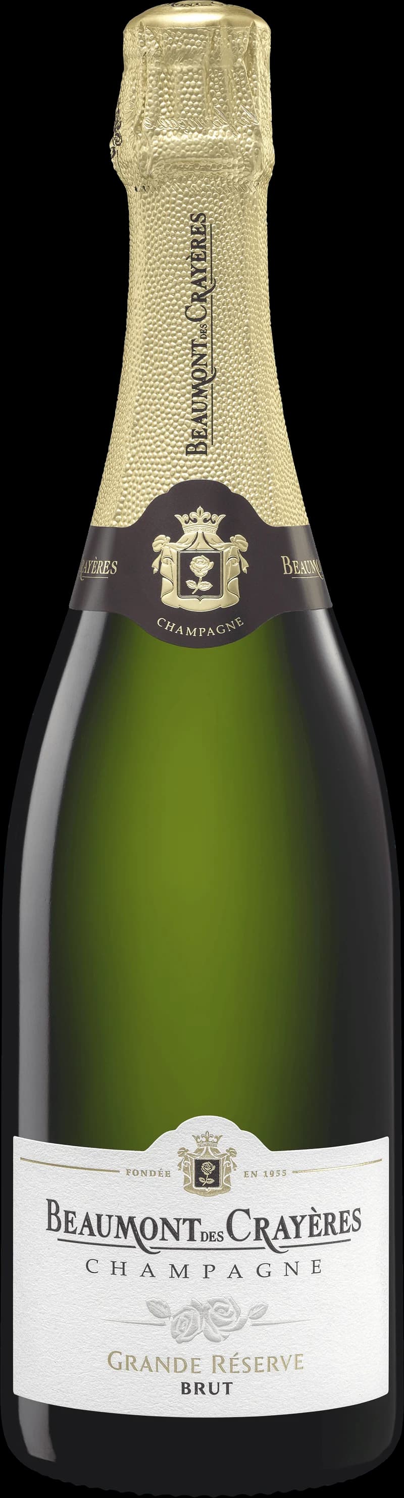 Flaska av Beaumont des Crayères mousserande vin mot neutral bakgrund.