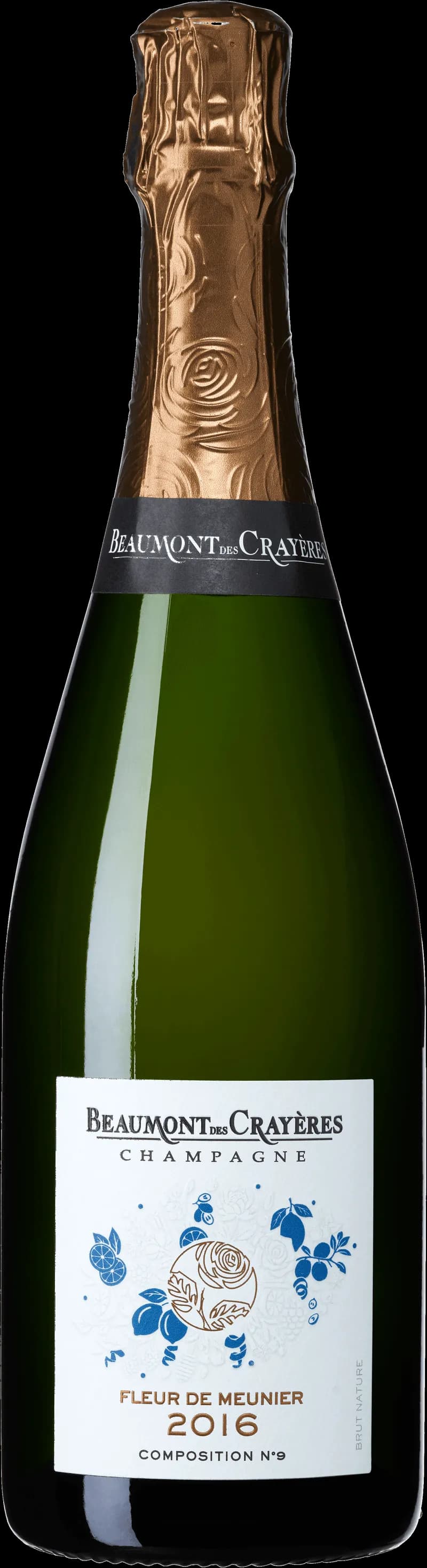 Flaska med Beaumont des Crayères mousserande vin mot ljus bakgrund.