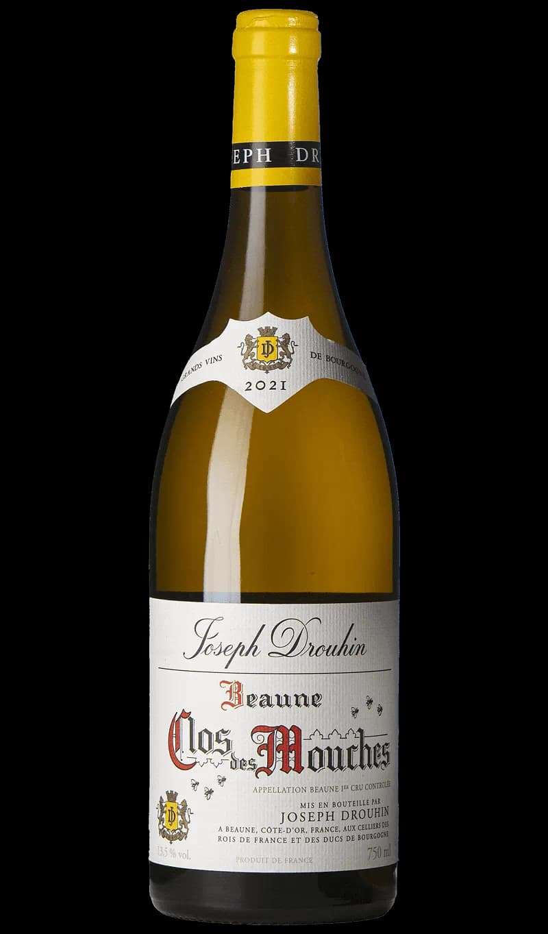 Flaska vitt vin från Beaune Premier Cru Clos des Mouches, ett klassiskt bourgognevin.