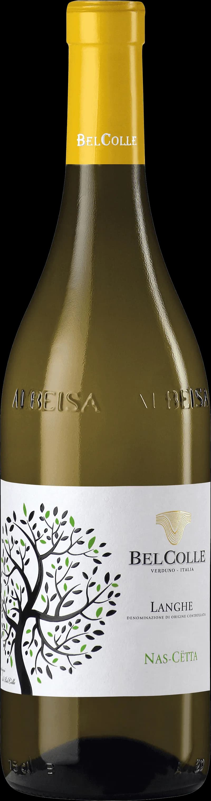 Flaska med Belcolle vitt vin mot ljus bakgrund