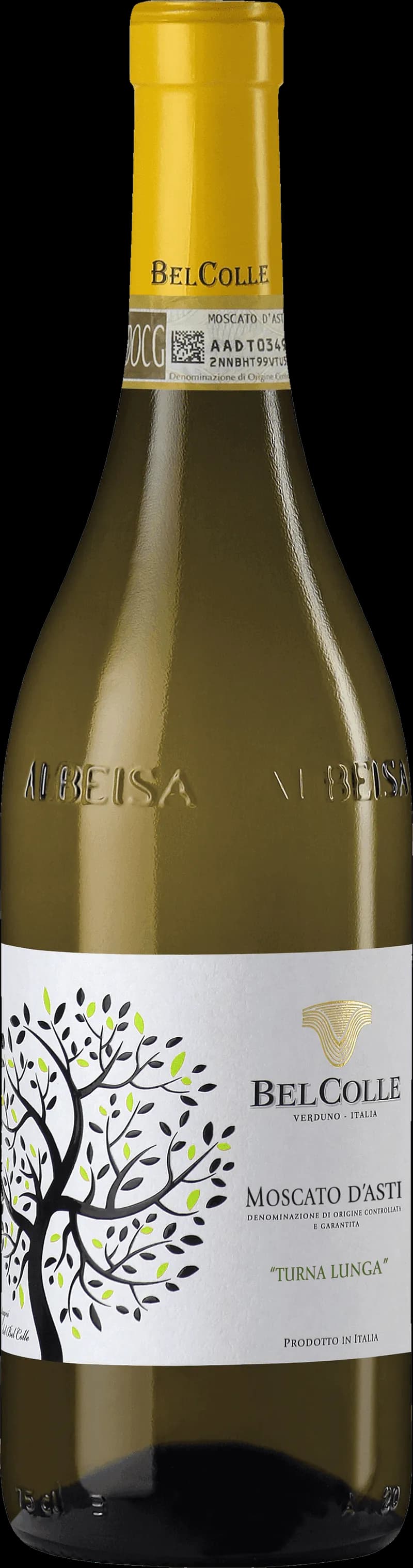 Flaska med Belcolle vitt vin mot ljus bakgrund