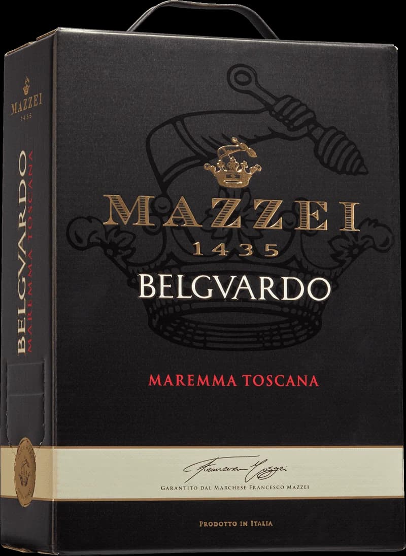Flaska av Belguardo Maremma rött vin mot mörk bakgrund