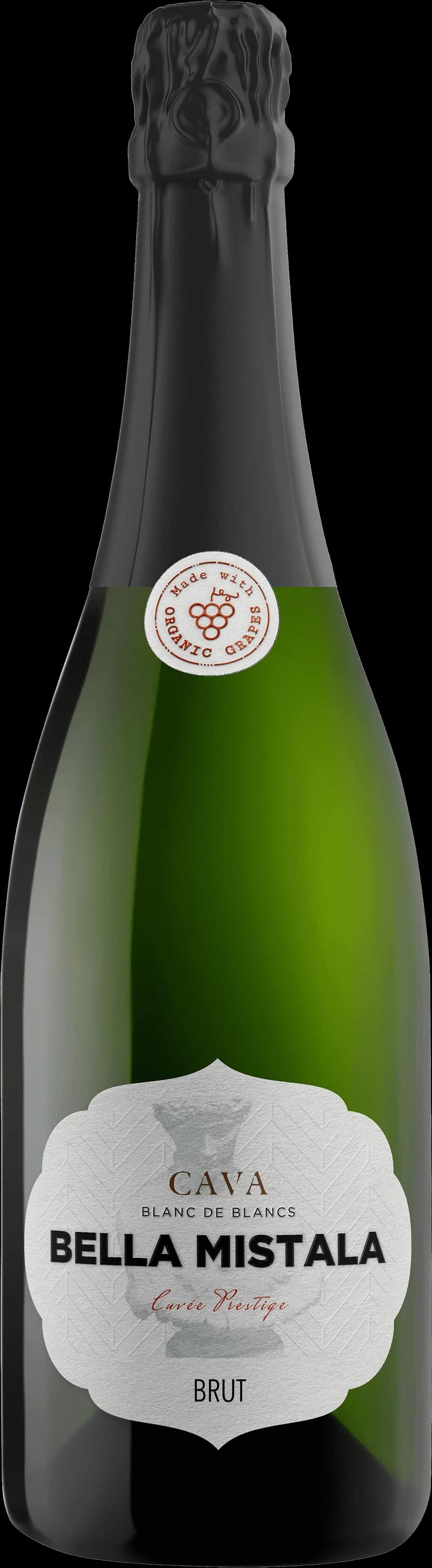 Bella Mistala mousserande vin i ett elegant glas mot en mörk bakgrund.