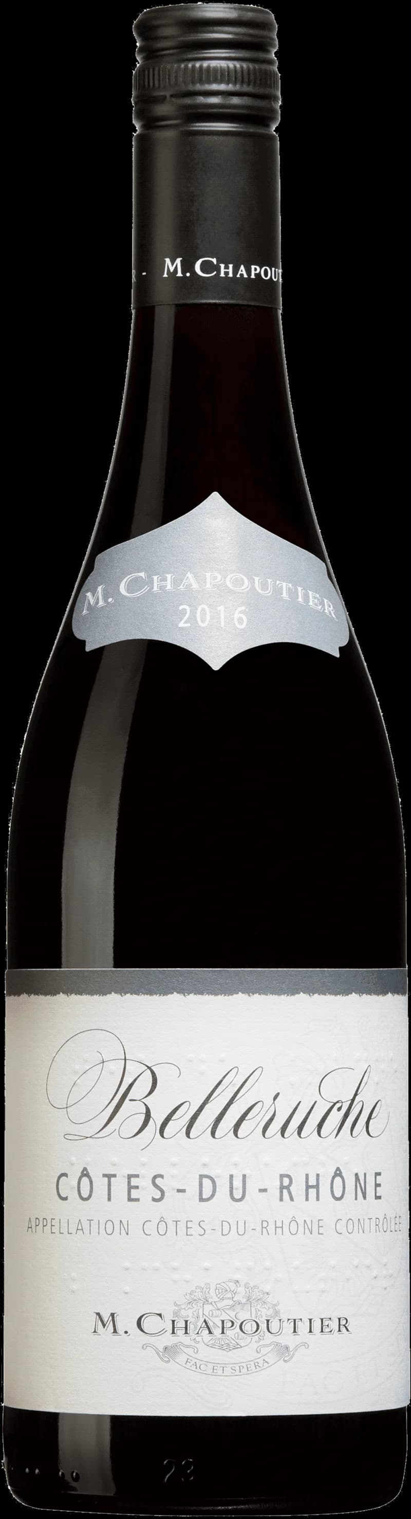 Flaska av rött vin Belleruche Côtes du Rhône mot neutral bakgrund.