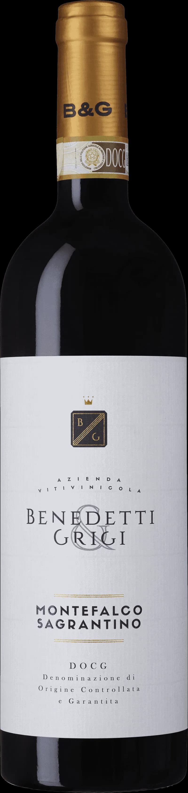 Flaska av rött vin från Benedetti Grigi på en bordsservering.