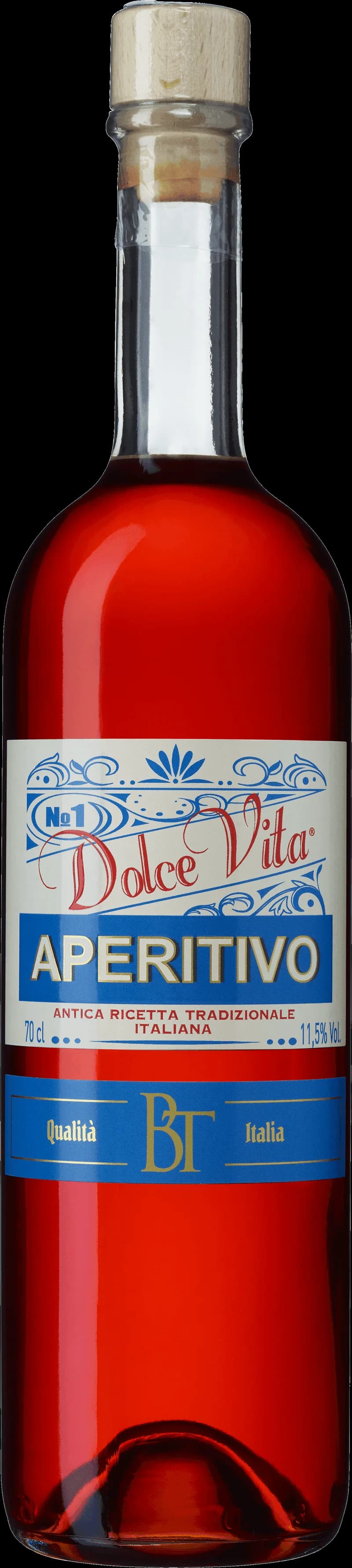 Bepi Tosolini aperitifer, en flaska med etikett och glas.