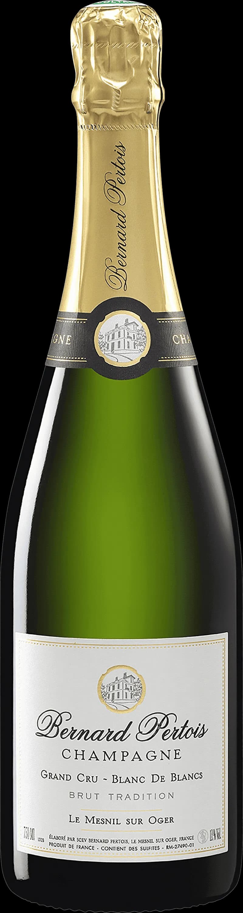 Flaska av Bernard Pertois mousserande vin mot en mörk bakgrund.