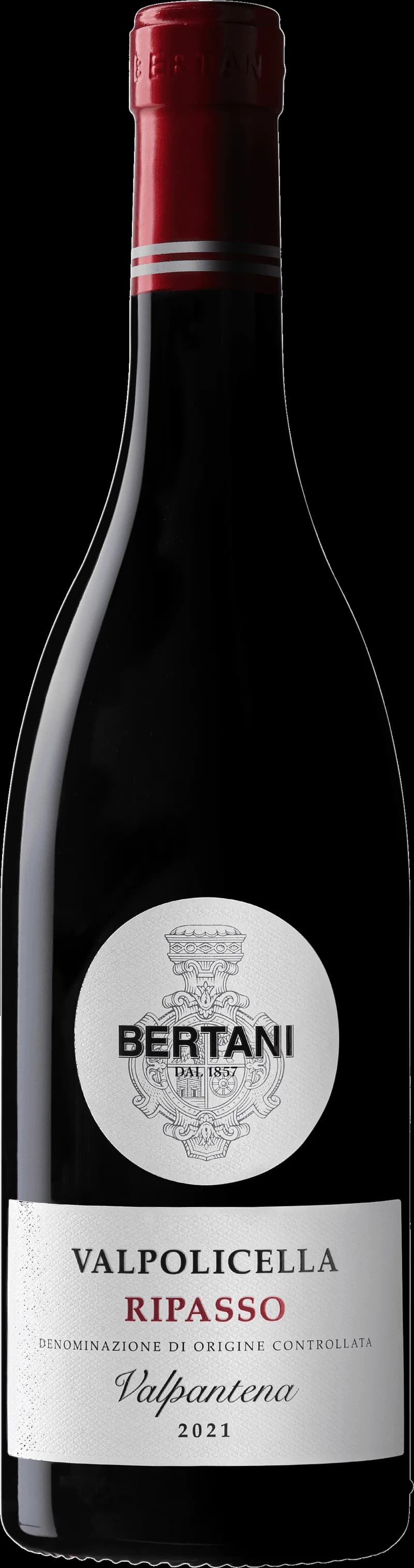 Flaska med Bertani rött vin mot neutral bakgrund