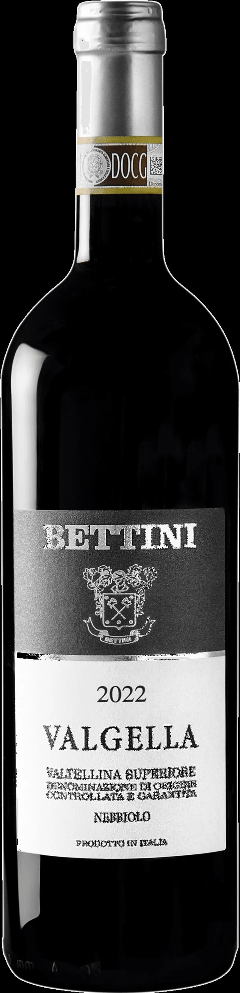 Flaska med Bettini Valtellina rött vin mot neutral bakgrund.