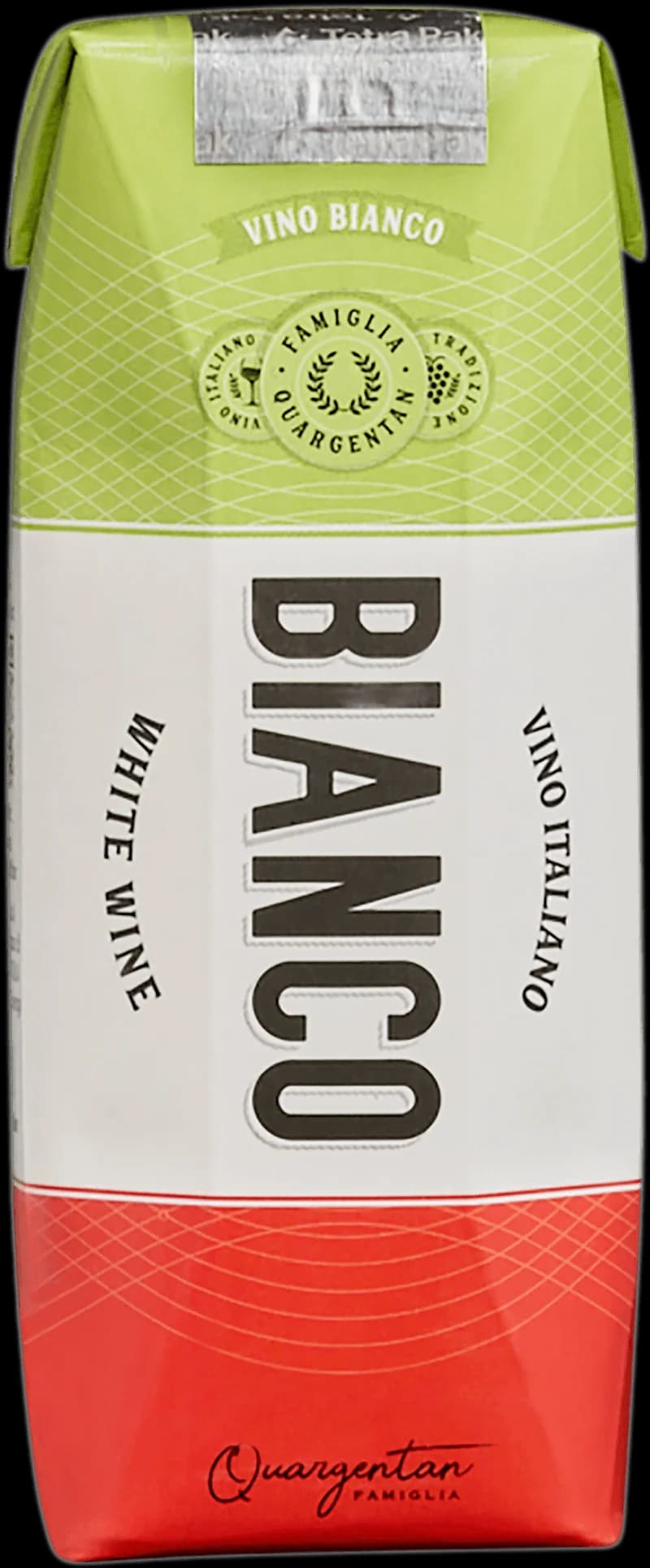 Flaska med vitt italienskt vin, Bianco Vino Italiano, på en bordsservering.