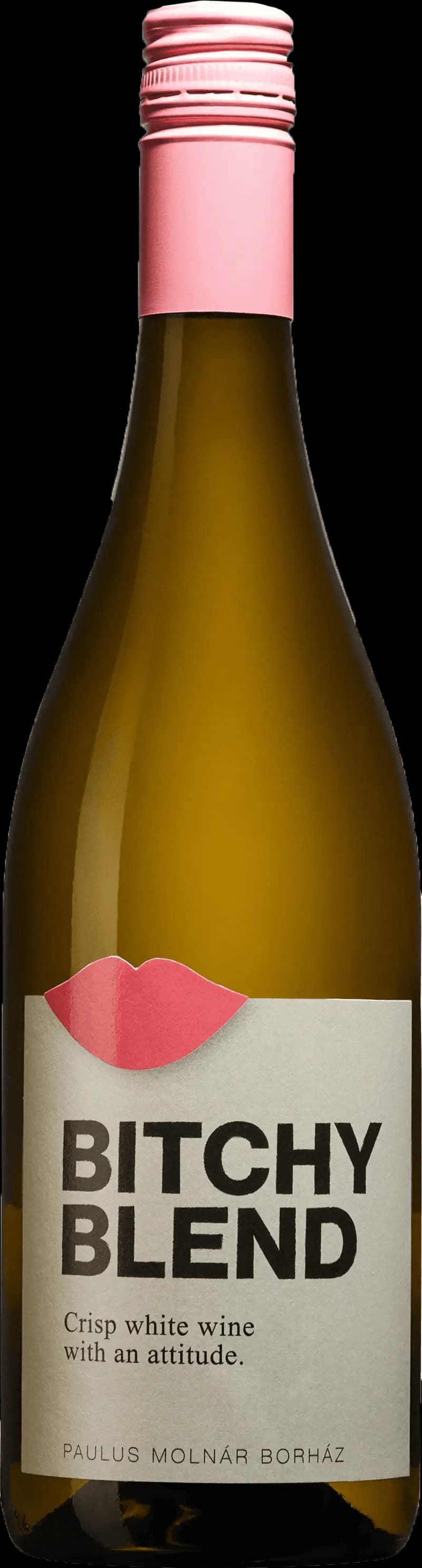 Flaska av Bitchy Blend vitt vin mot neutral bakgrund.