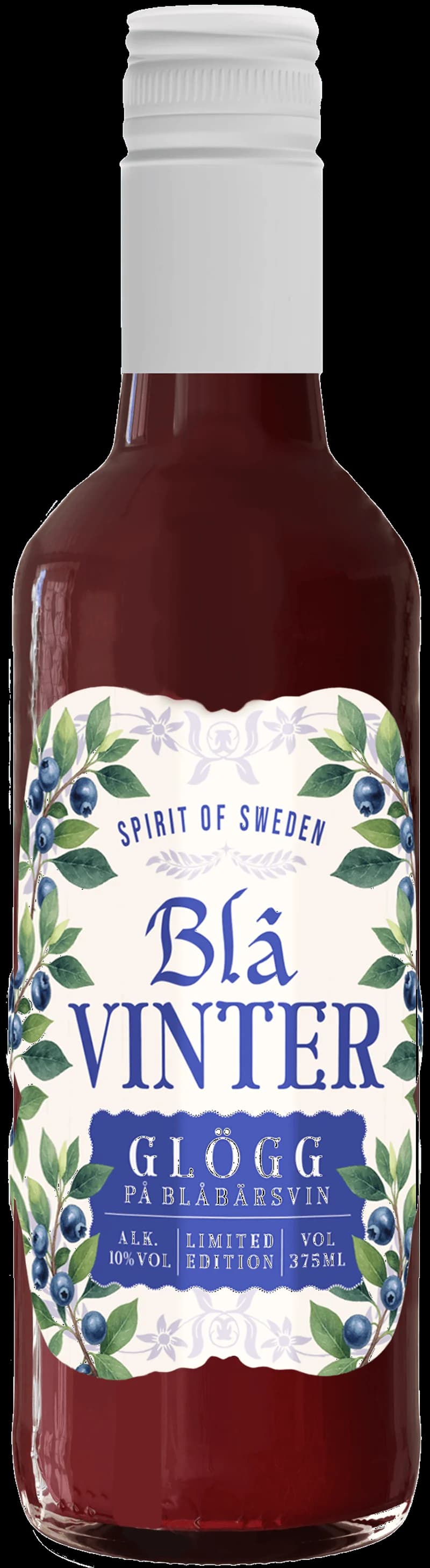 Flaskor med blå vinterglögg och glühwein på ett dukat bord med juldekorationer.