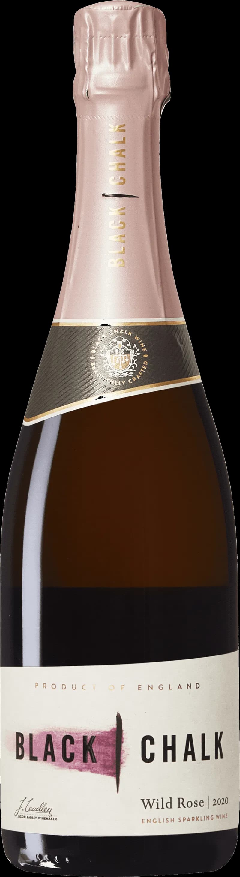 Flaska av mousserande vin från Black Chalk, stående mot en ljus bakgrund.