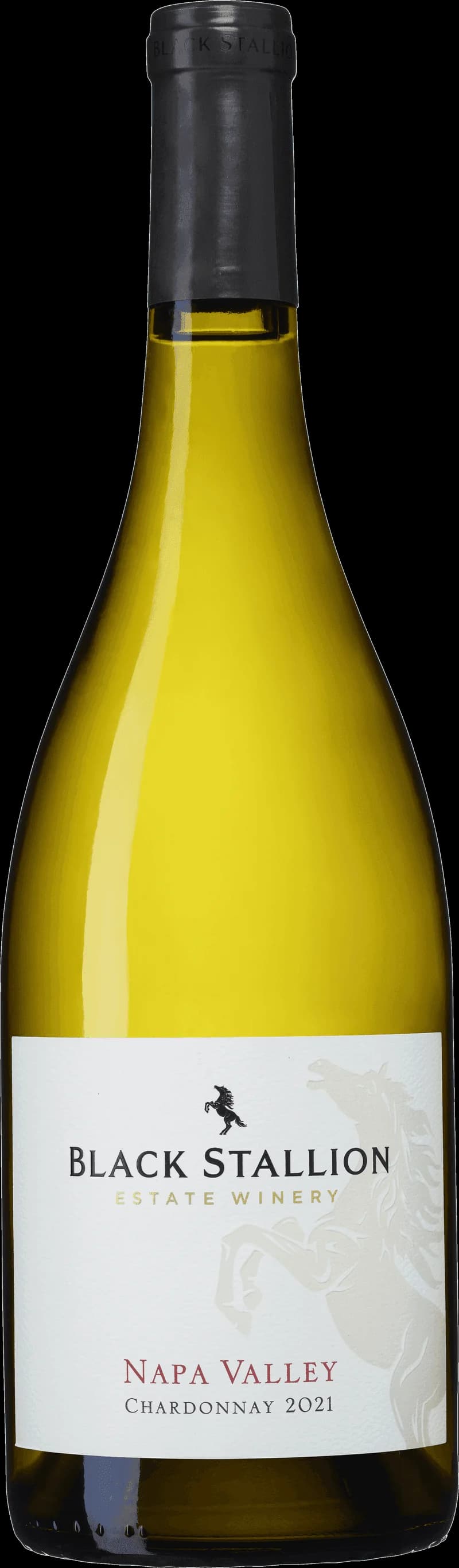 Flaska av Black Stallion Napa Valley vitt vin mot en mörk bakgrund.