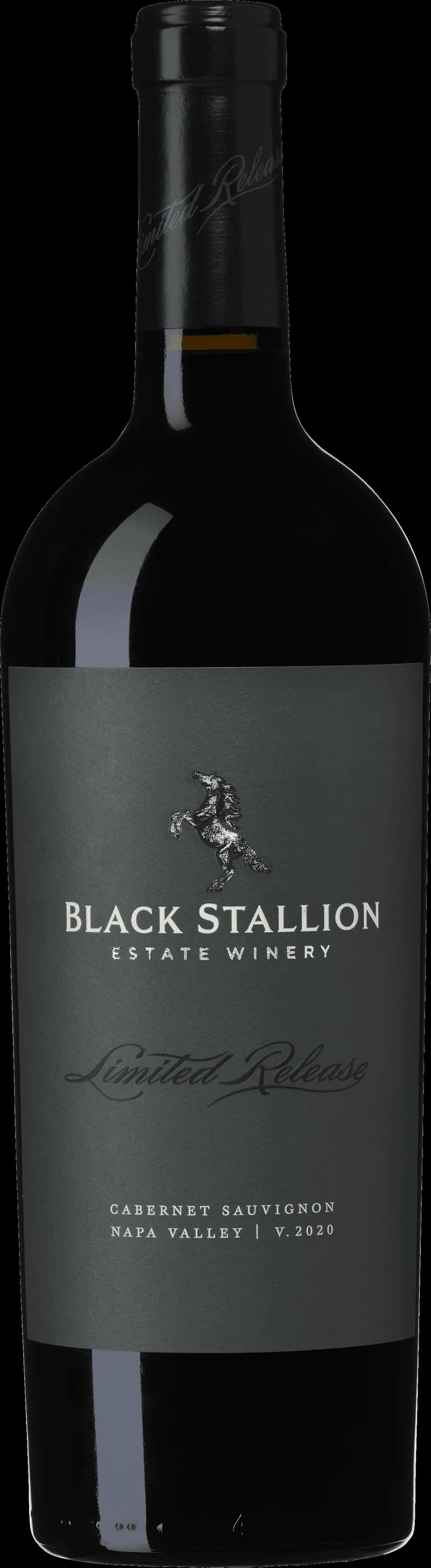Flaska av rött vin från Black Stallion vingård