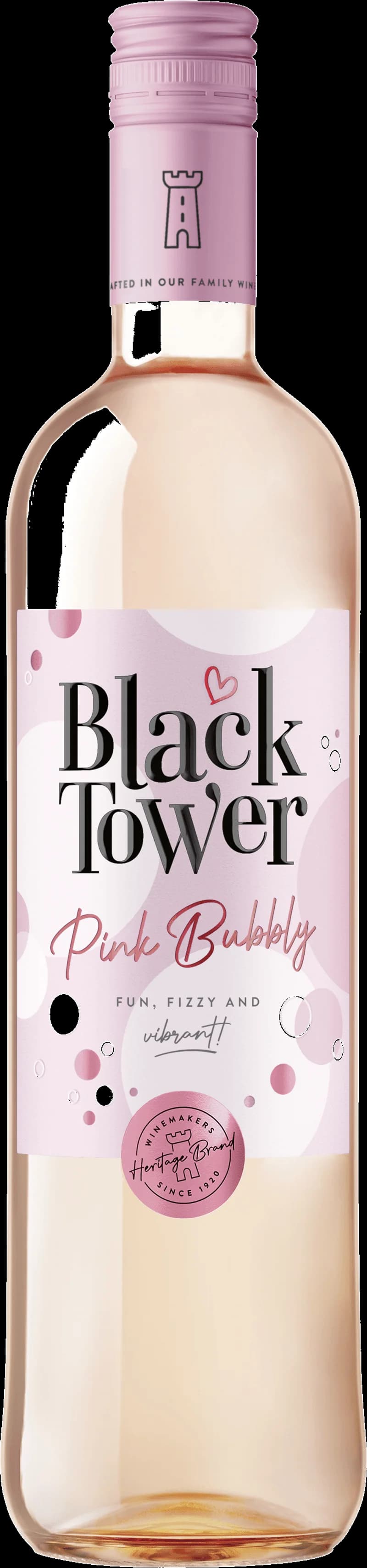 Flaska av Black Tower rosévin mot en mörk bakgrund.