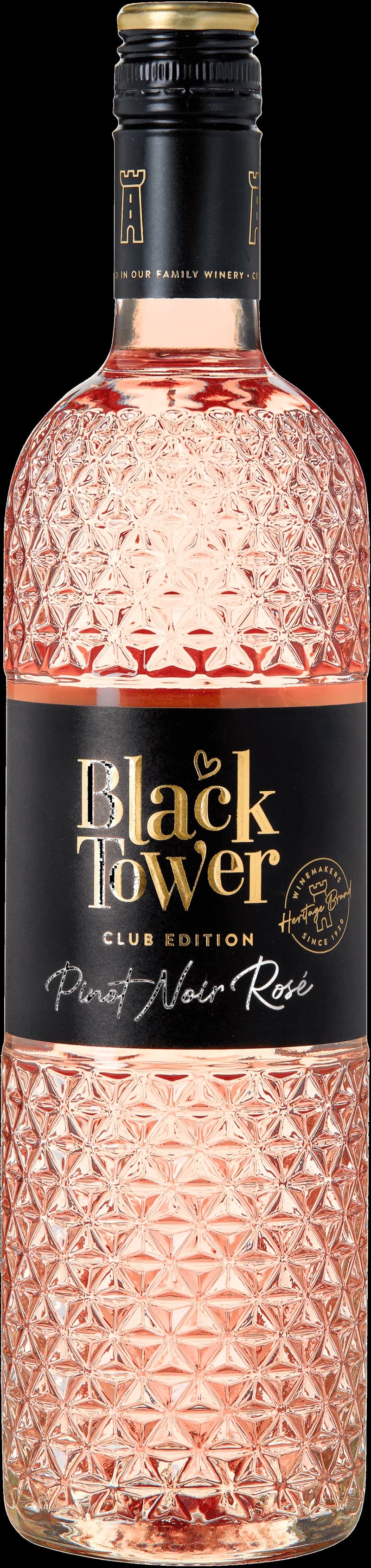 Flaska av Black Tower rosévin mot en neutral bakgrund.
