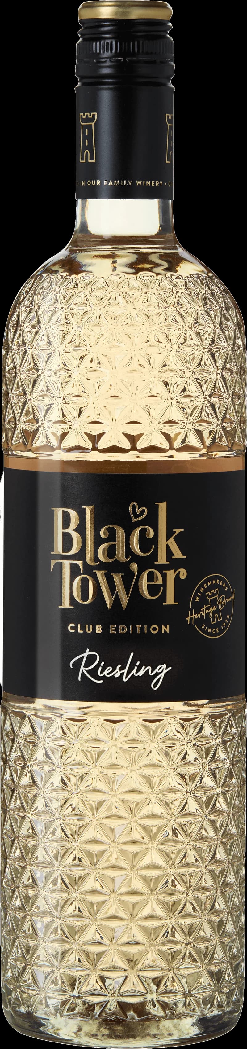 Flaska av Black Tower vitt vin på en ljus bakgrund.