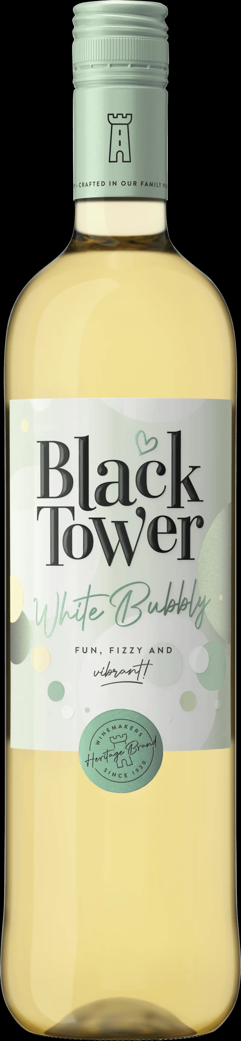 Flaska av Black Tower vitt vin på vit bakgrund