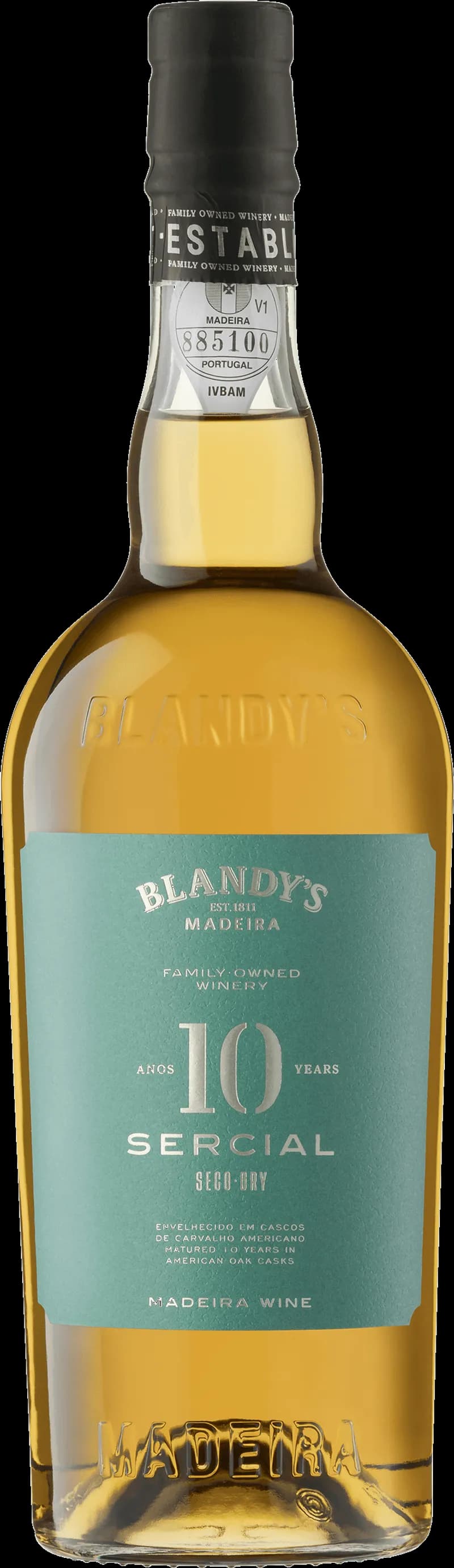 Bild på en flaska Blandy's starkvin med etikett och glas.