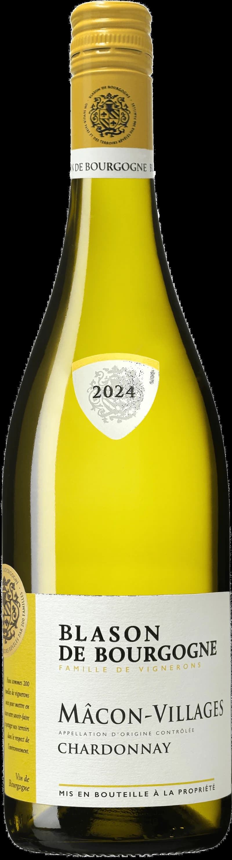 Flaska Blason de Bourgogne Mâcon-Villages vitt vin mot ljus bakgrund.