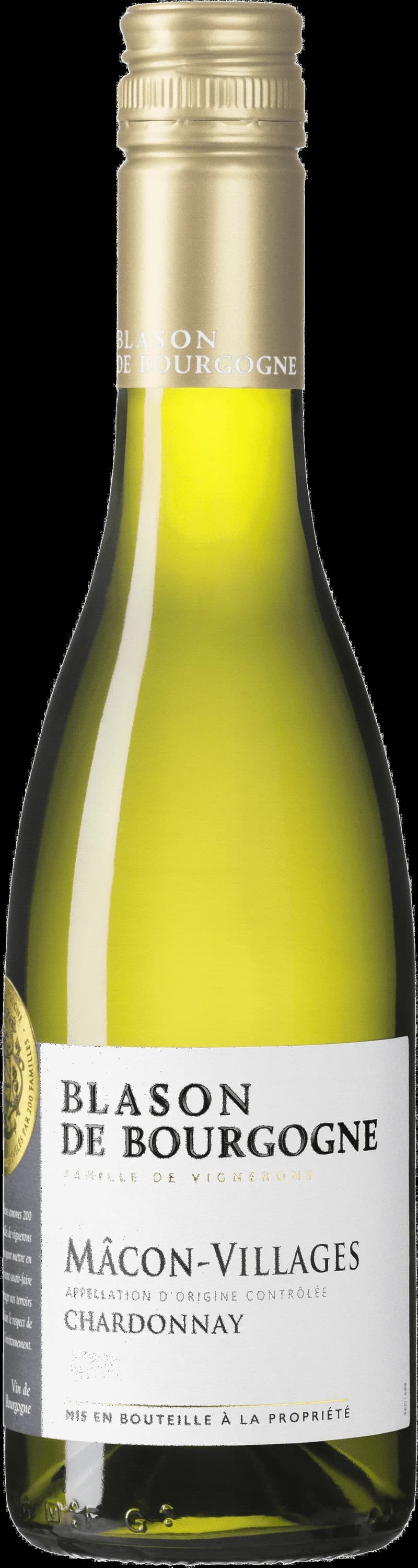Flaska med vitt vin från Blason de Bourgogne Mâcon-Villages mot ljus bakgrund.