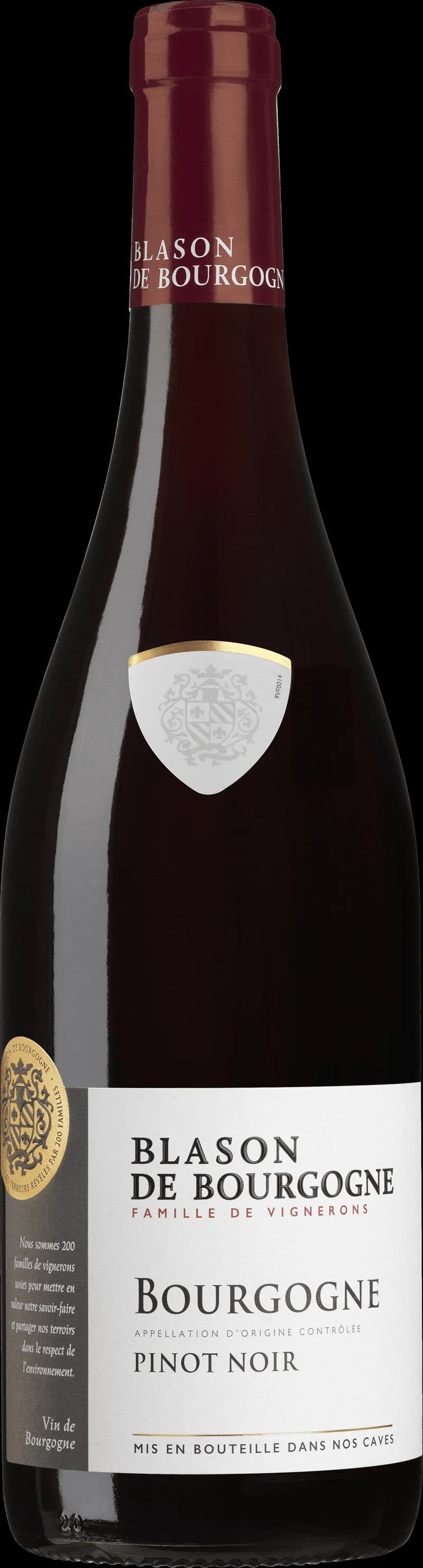 Flaska av rött vin Blason de Bourgogne mot mörk bakgrund