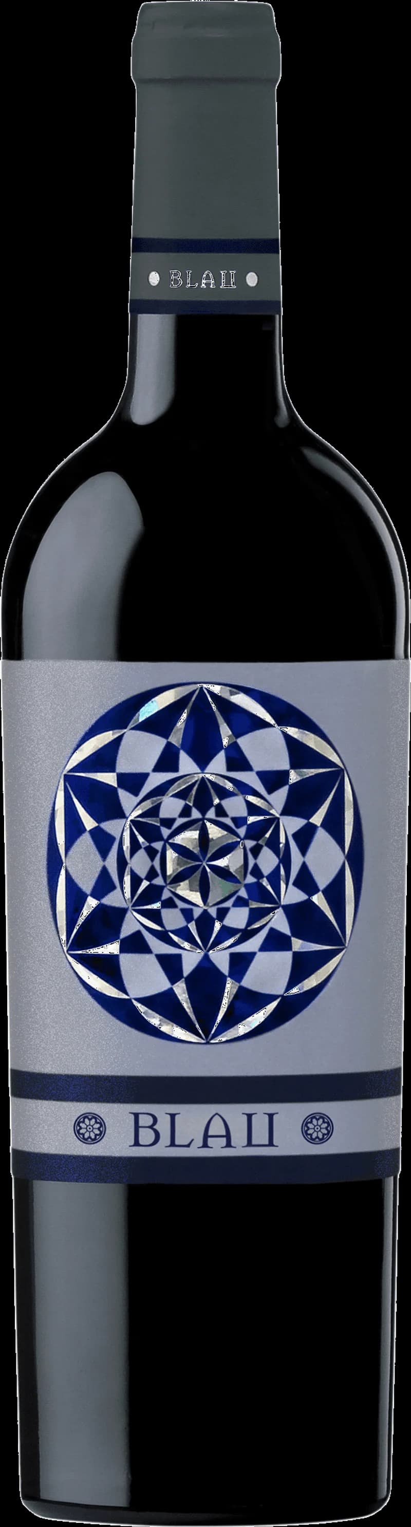 Flaska och glas med blau rött vin mot neutral bakgrund