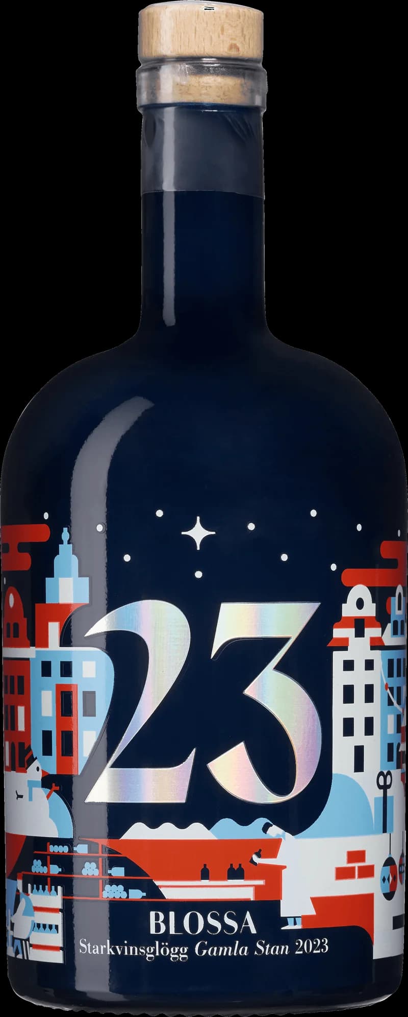 Flaskor med Blossa 23 glögg och glühwein på ett bord med juldekorationer