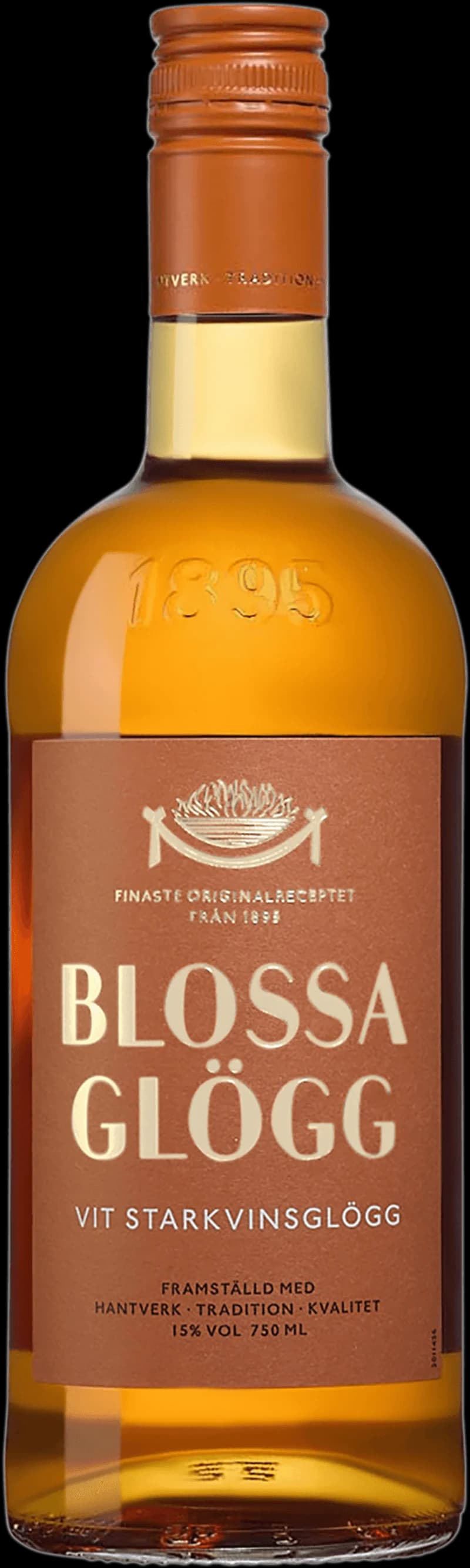 Flaskor med Blossa starkvinsglögg och glühwein, perfekt för julens mysiga stunder.