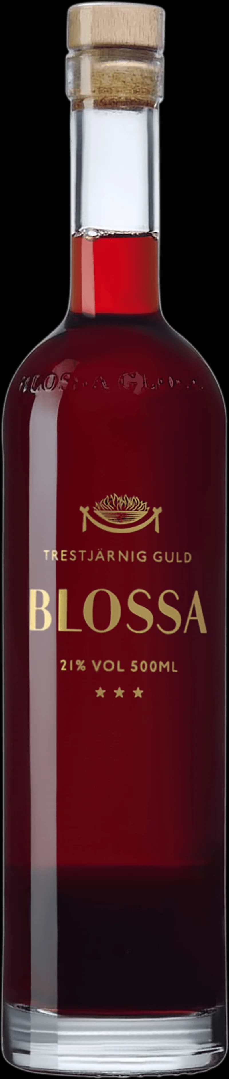 Flaskor med Blossa trestjärnig guldglögg och glühwein på ett bord.