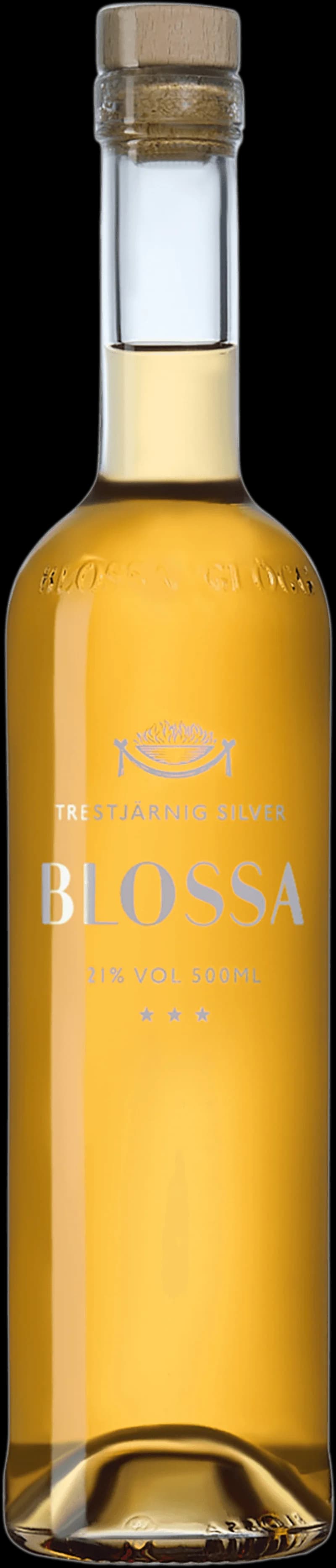 Flaskor med Blossa trestjärnig silverglögg och glühwein på ett bord.