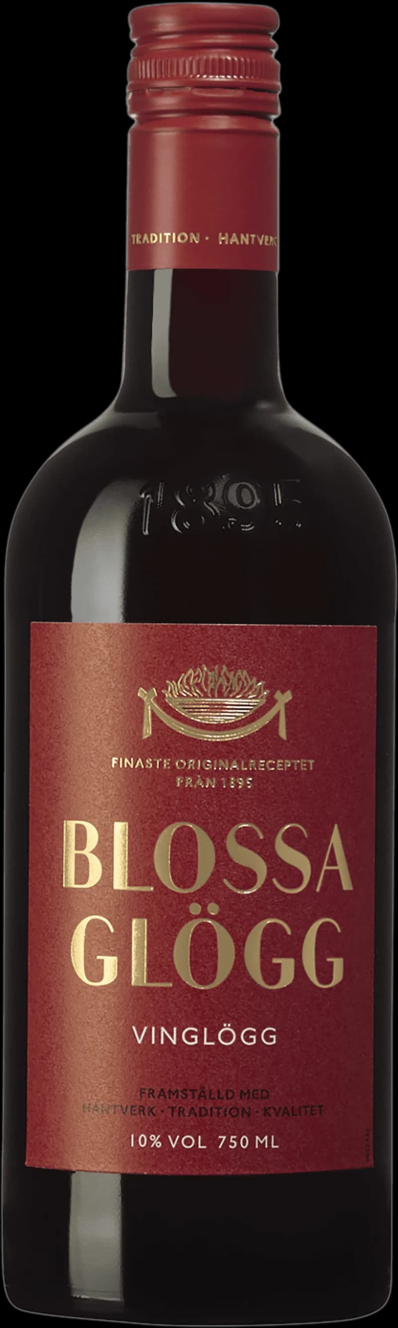 Flaskor med Blossa vinglögg, glögg och glühwein på ett bord.