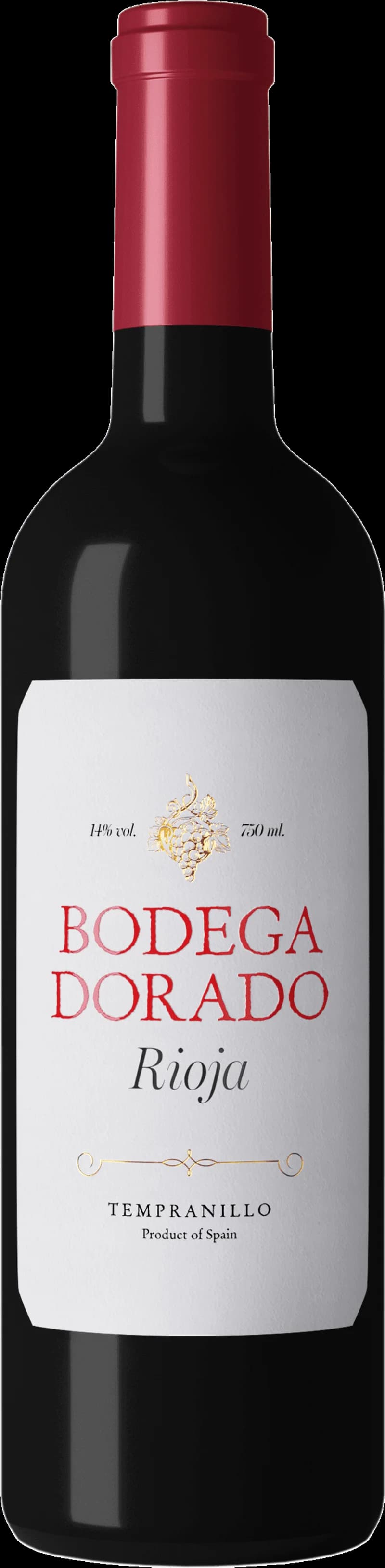 Flaska med rött vin från Bodega Dorado mot en mörk bakgrund.