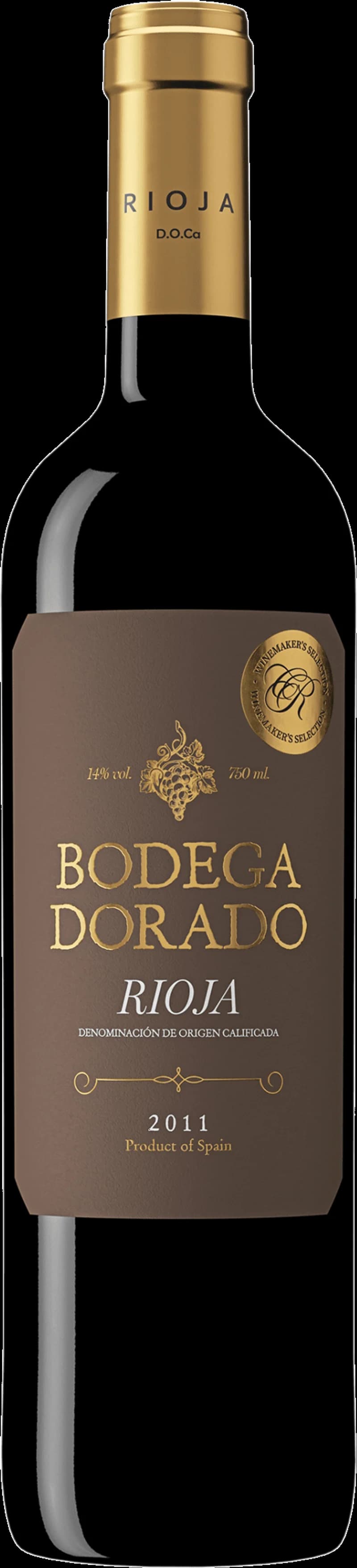 Flaska med Bodega Dorado rött vin på en dukad yta.