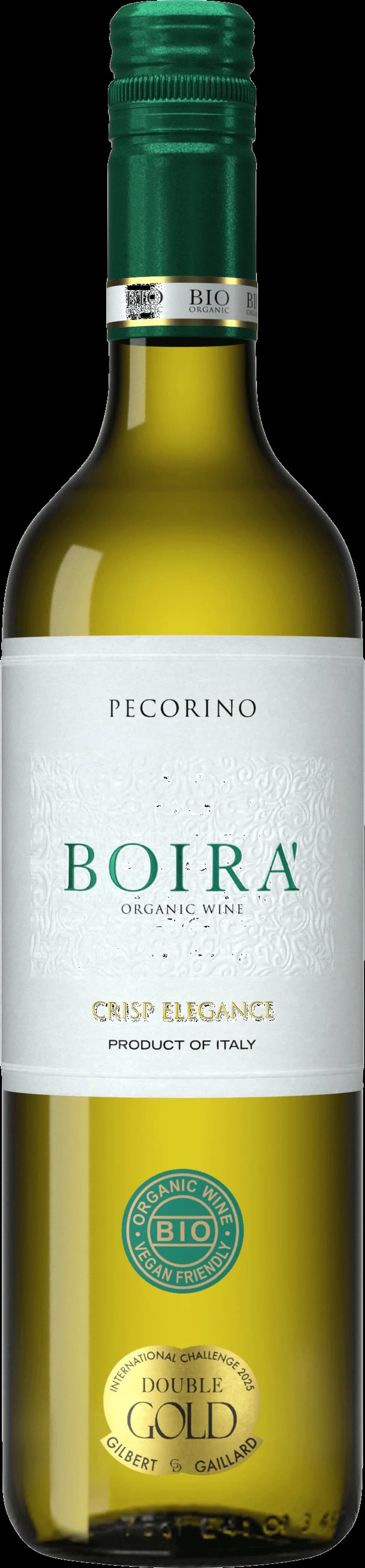 Flaska med Boira vitt vin mot en neutral bakgrund.