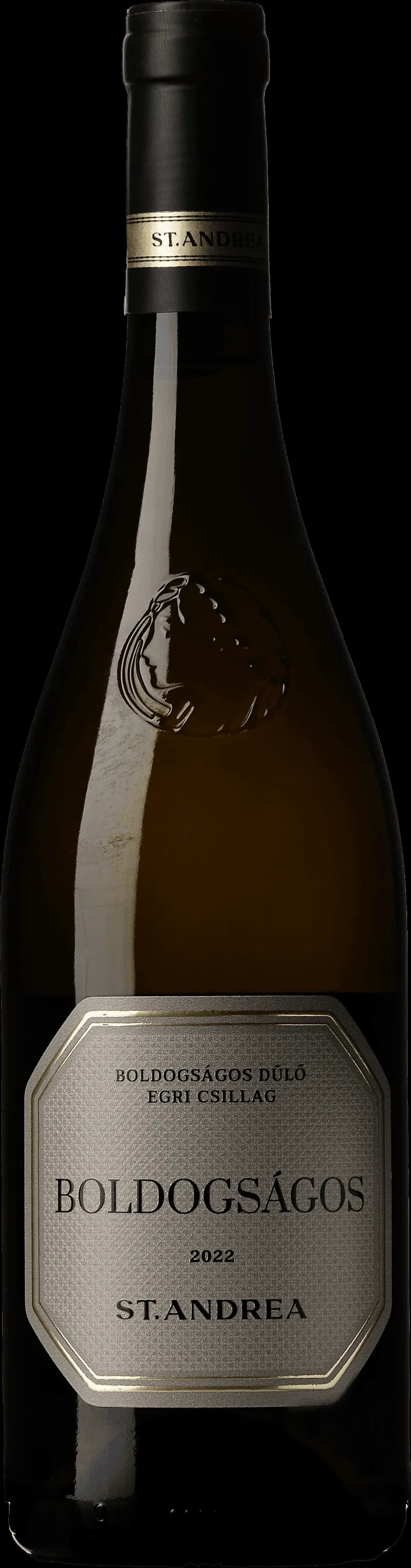 Flaska av Boldogs Gos vitt vin på en vit bakgrund.